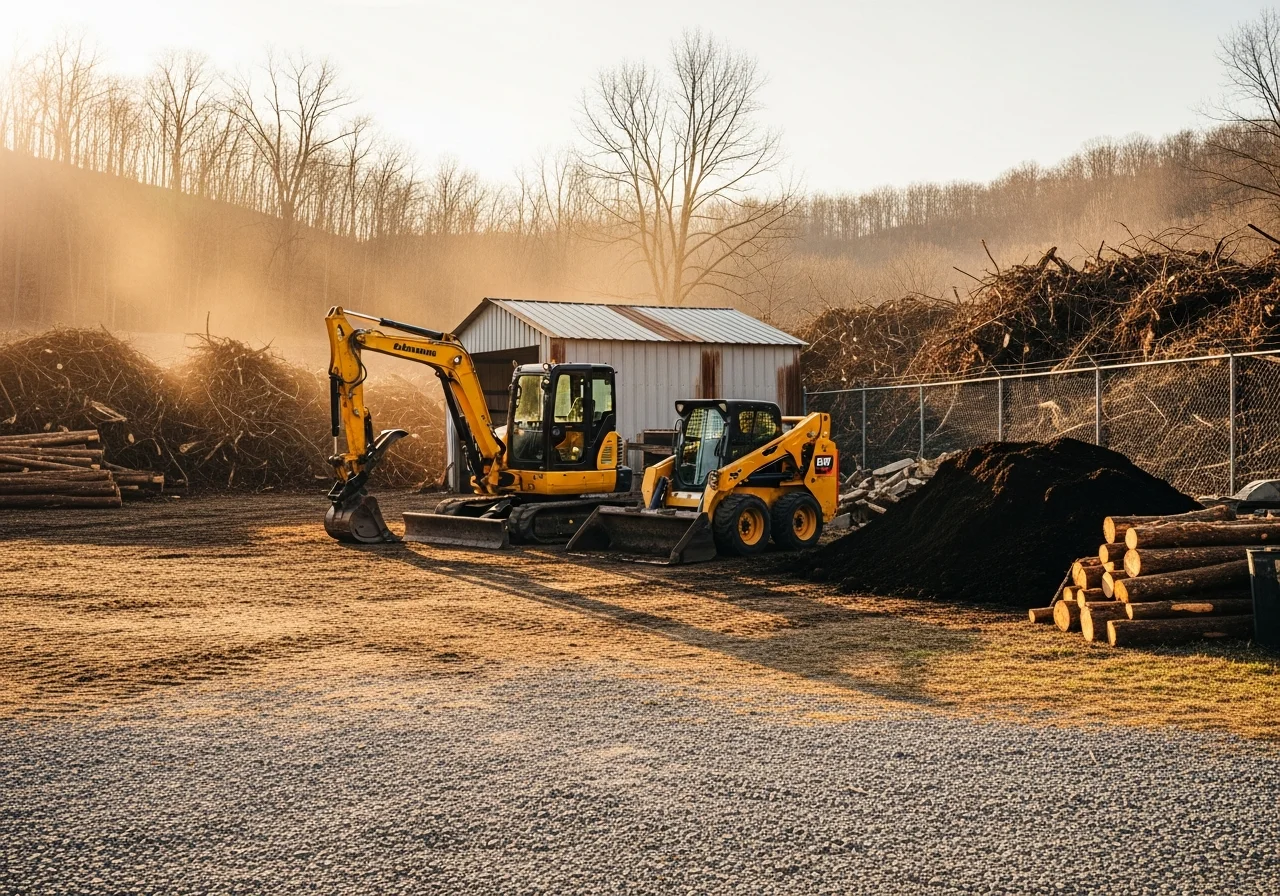 Heavy equipment and crew tools arranged on a job site, showing excavation and land clearing machinery ready for work.