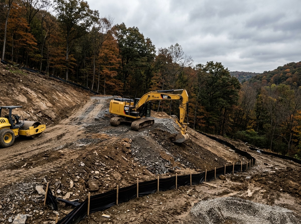Excavator performing site grading and compaction on a sloped Washington County, PA lot