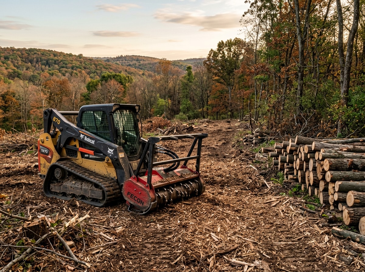 Land clearing and grading equipment preparing a sloped lot for a new build
