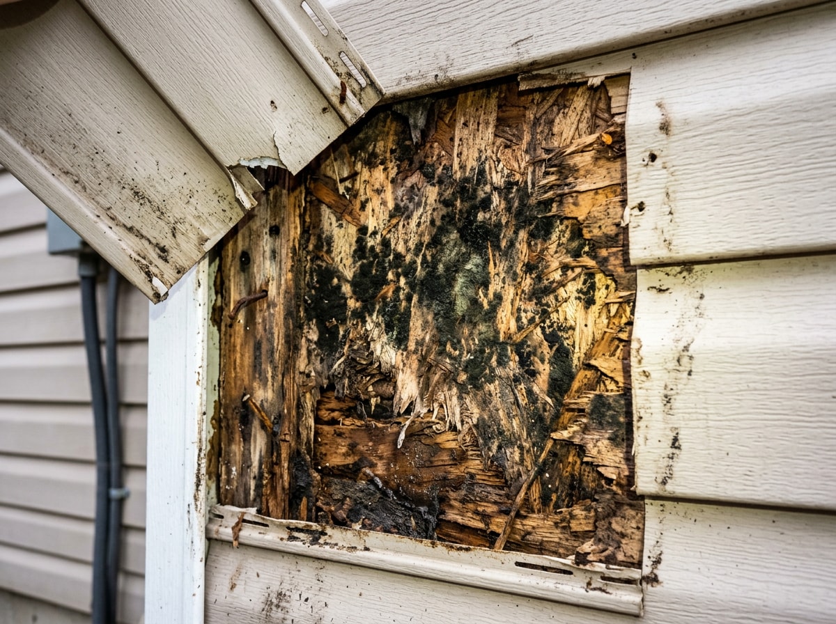 Close-up of rotted sheathing and mold growth behind damaged siding panels
