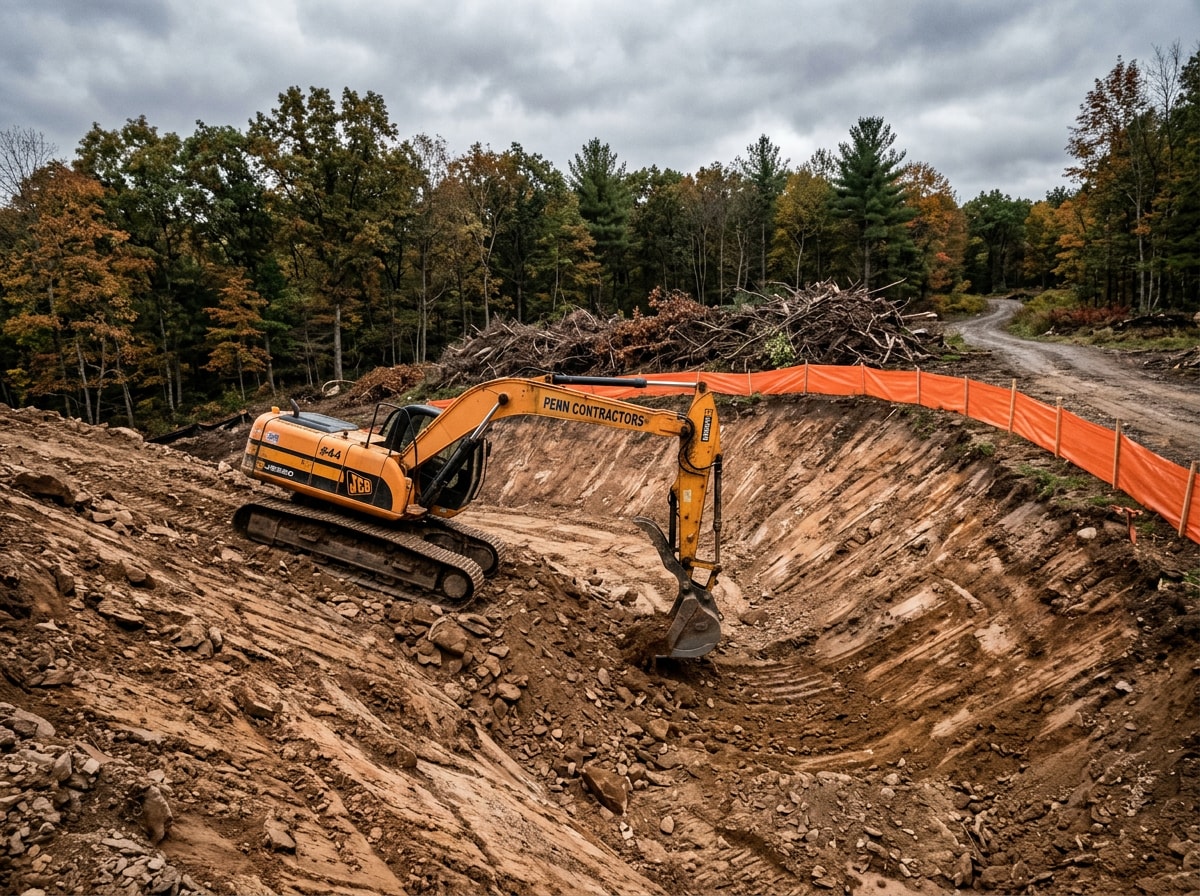 Excavator grading a building pad on a sloped Armstrong County commercial site