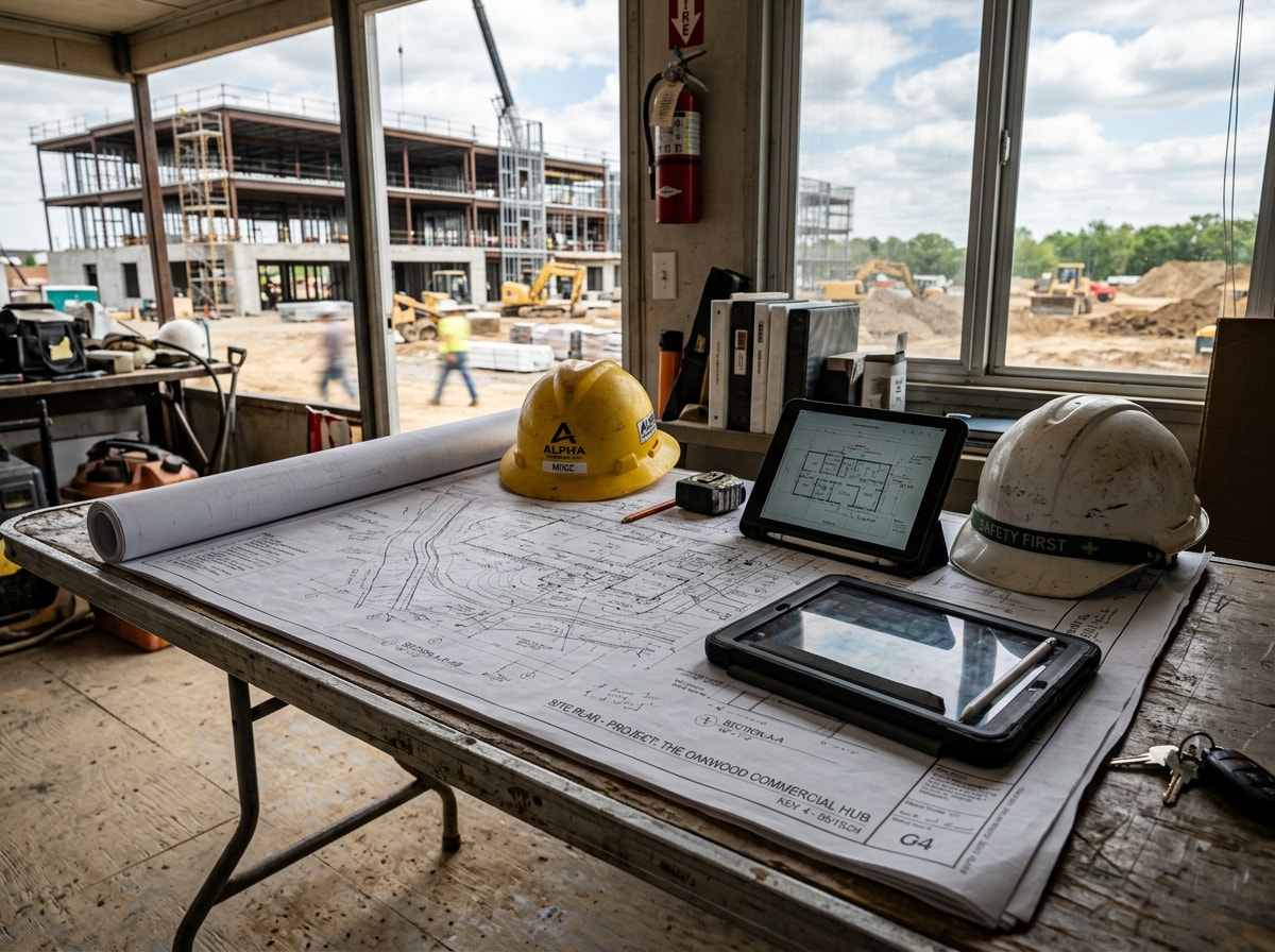 Construction management team reviewing site plans on an active commercial job site
