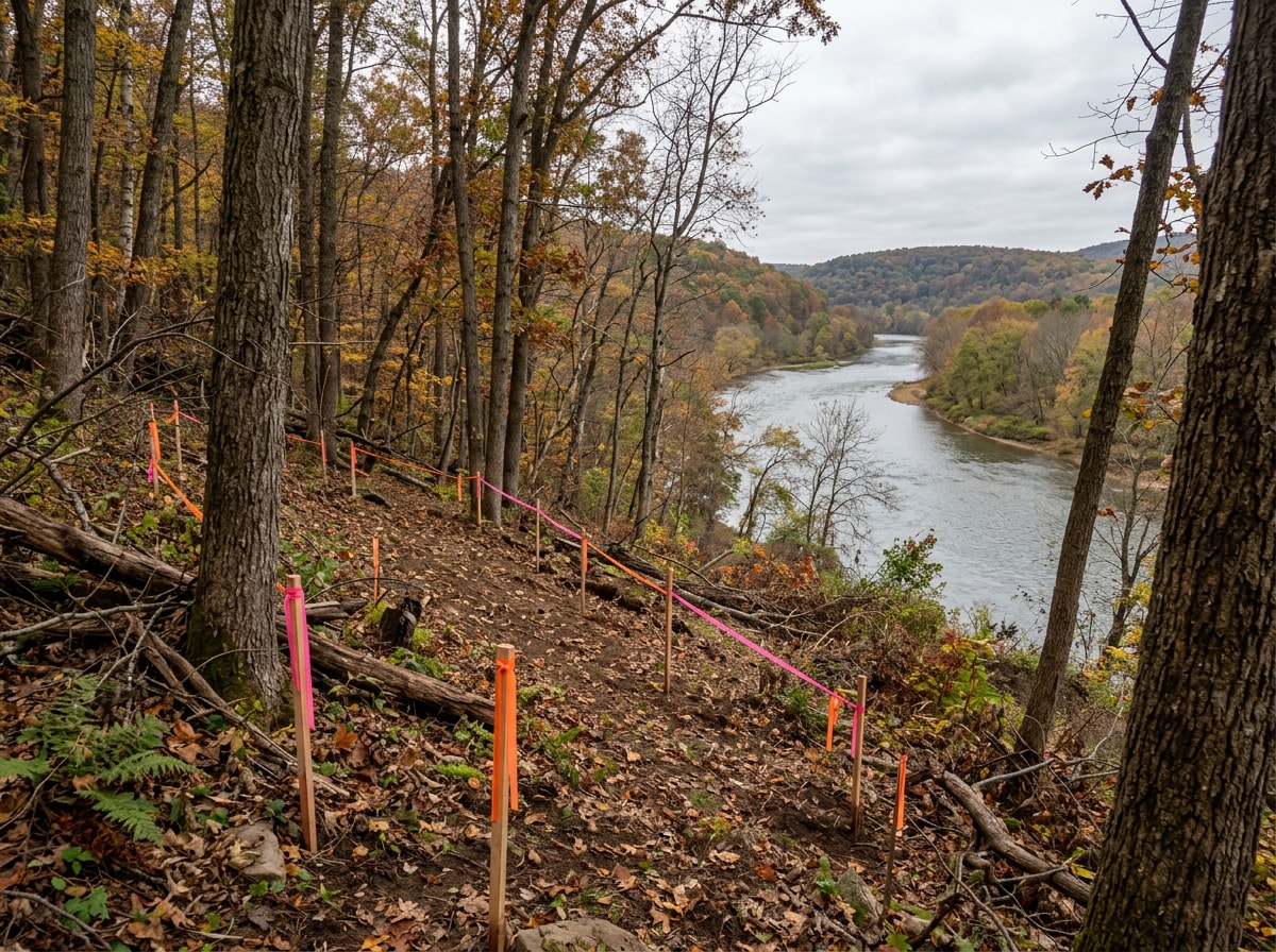 Wooded sloped homesite near the Clarion River being evaluated for a custom home build