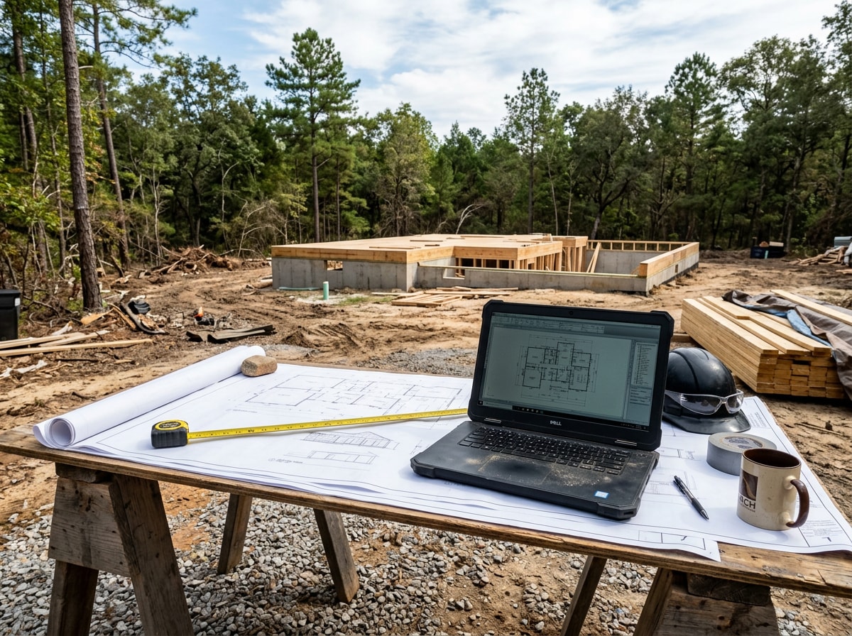 Architect and homeowners reviewing custom home design plans during a site consultation