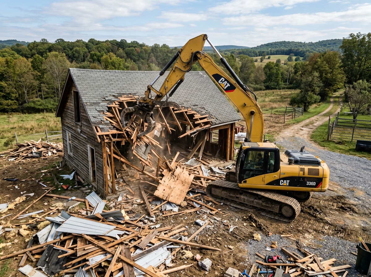 Excavator demolishing a detached garage during a residential demolition project in Indiana County PA