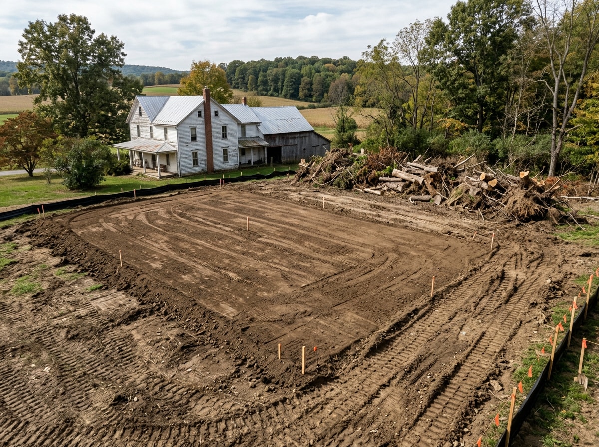 Graded and cleared building pad ready for a family room addition foundation in a rural Indiana County, PA yard