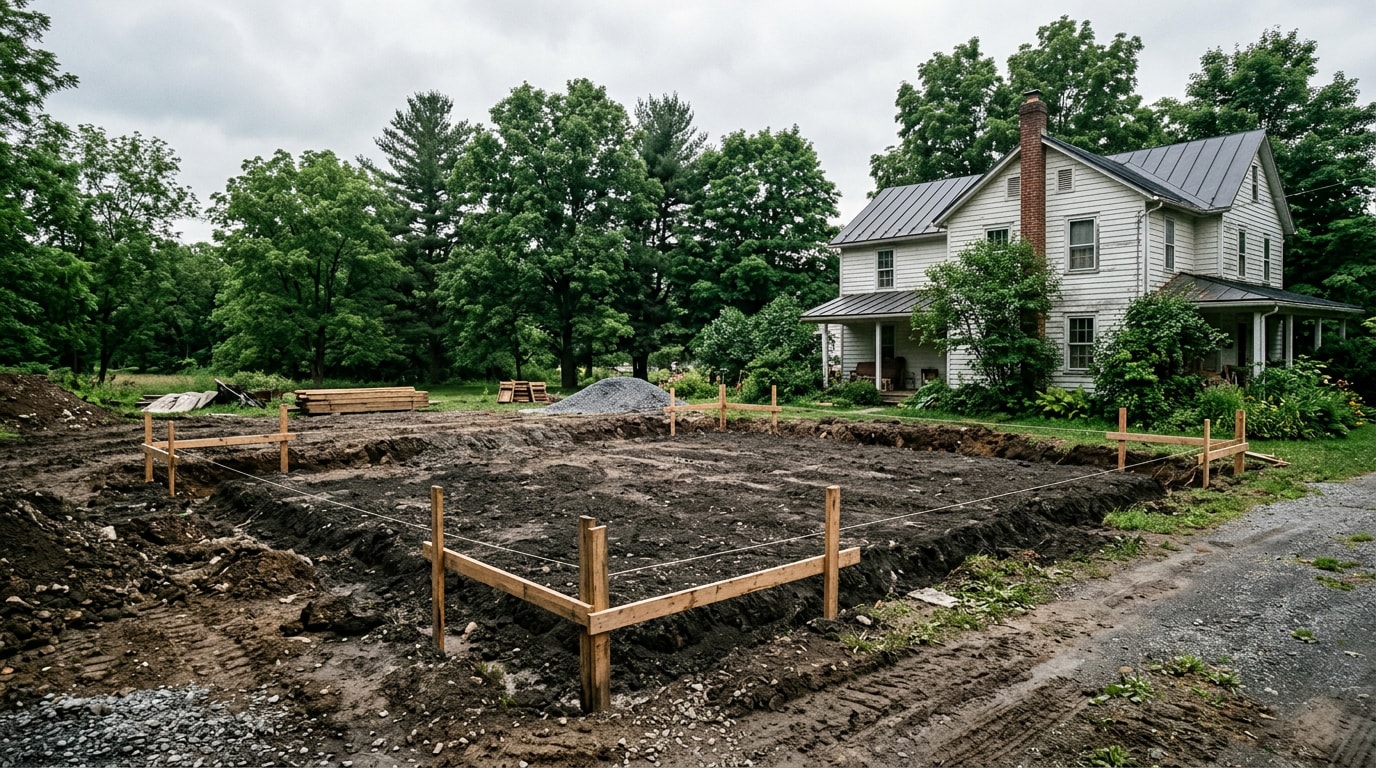 Excavated and graded foundation footprint for a family room addition on a rural Indiana County, PA home Excavated and graded foundation footprint for a family room addition on a rural Indiana County, PA home