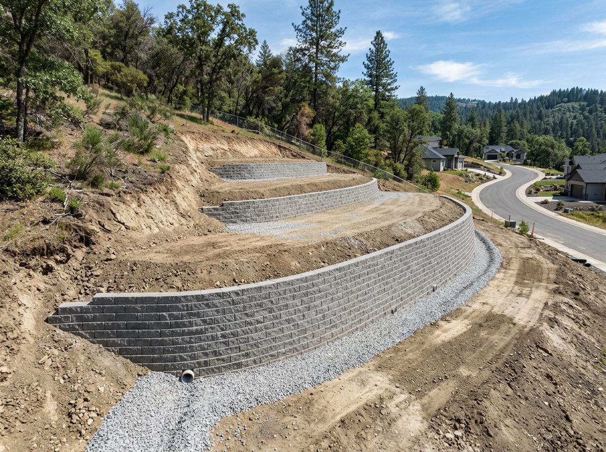 Hillside residential lot prepared with grading and retaining wall for new home construction