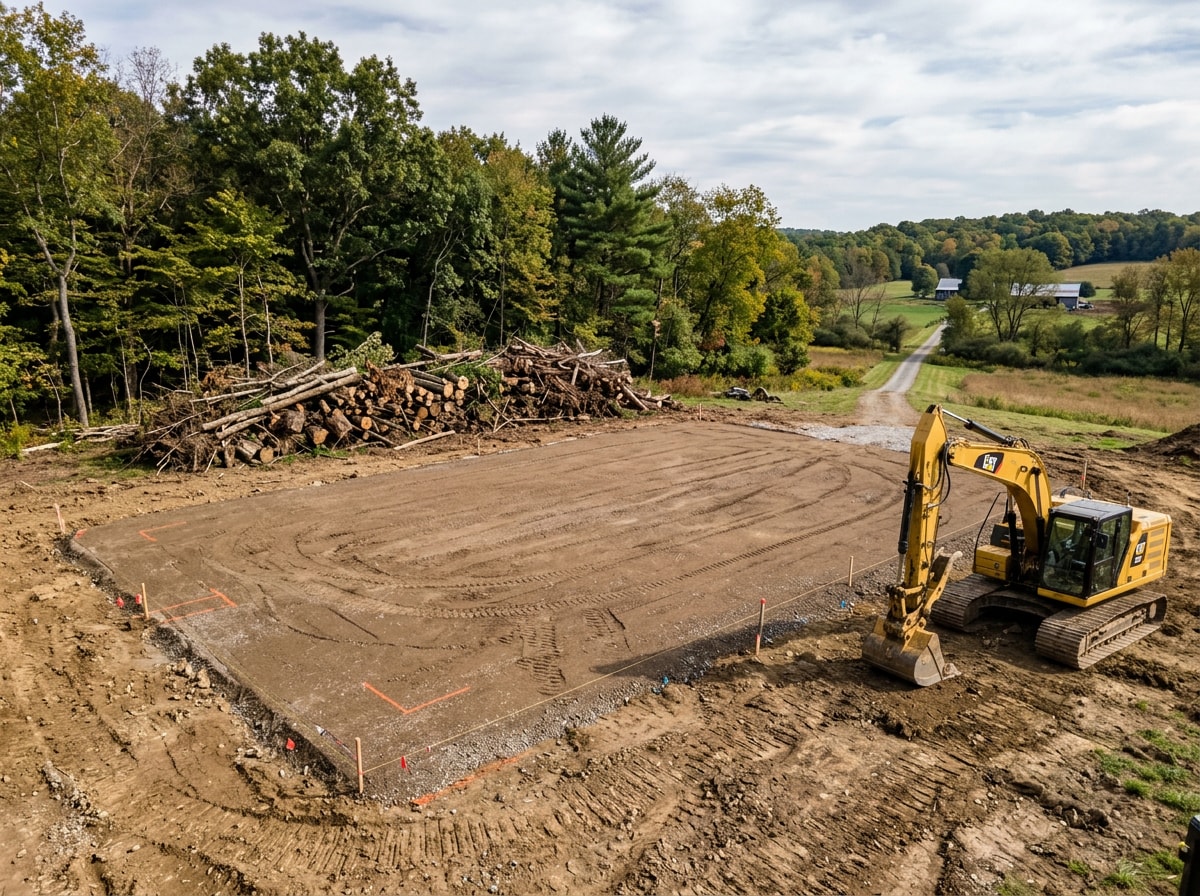 Graded and cleared building pad ready for a pole barn foundation in Jefferson County, PA