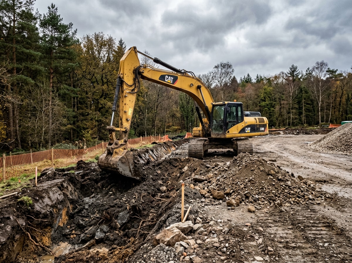 Excavator cutting a drainage trench alongside a cleared rural building site