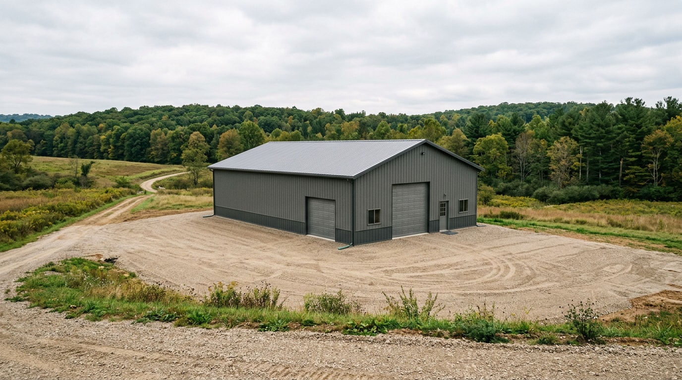 Finished pole barn building on a graded rural lot in Jefferson County, PA Finished pole barn building on a graded rural lot in Jefferson County, PA