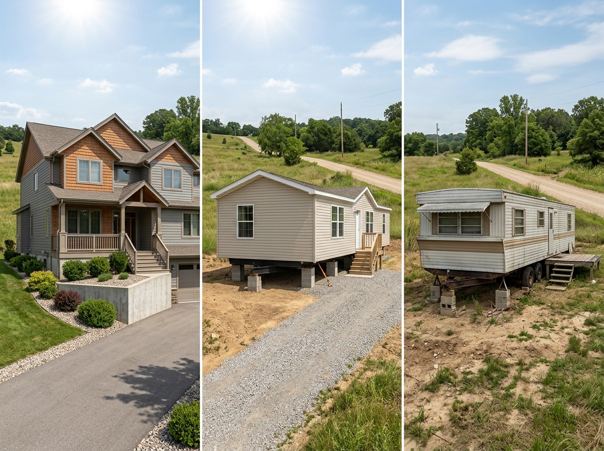 Side-by-side comparison graphic of modular, manufactured, and mobile home construction on a Pennsylvania building lot
