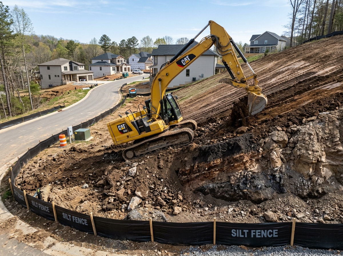 Excavator grading a sloped residential lot for new home construction