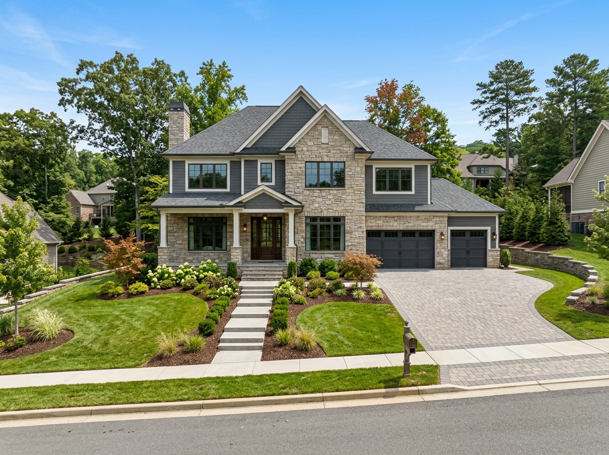 Finished new custom home exterior on a graded residential lot