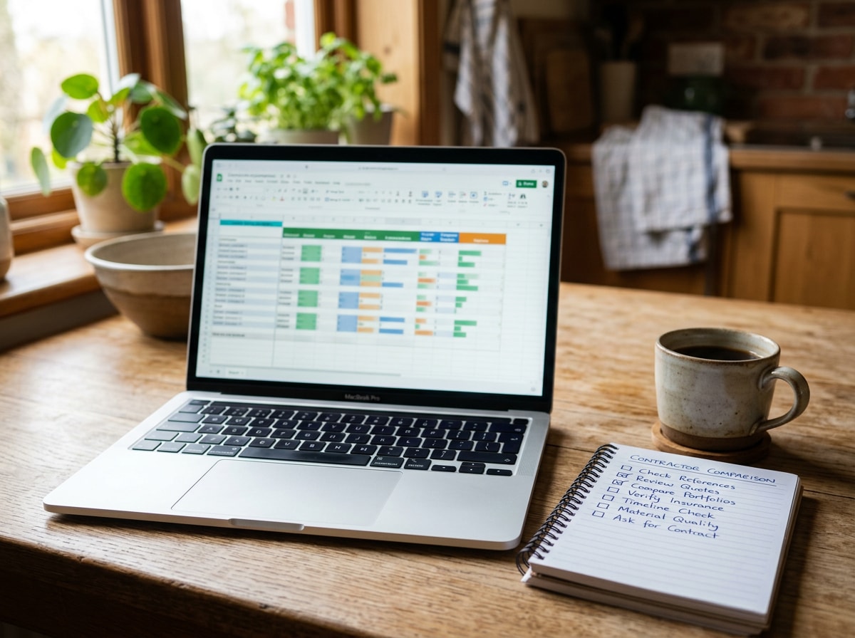Homeowner researching remodeling contractors online on a laptop at a kitchen table
