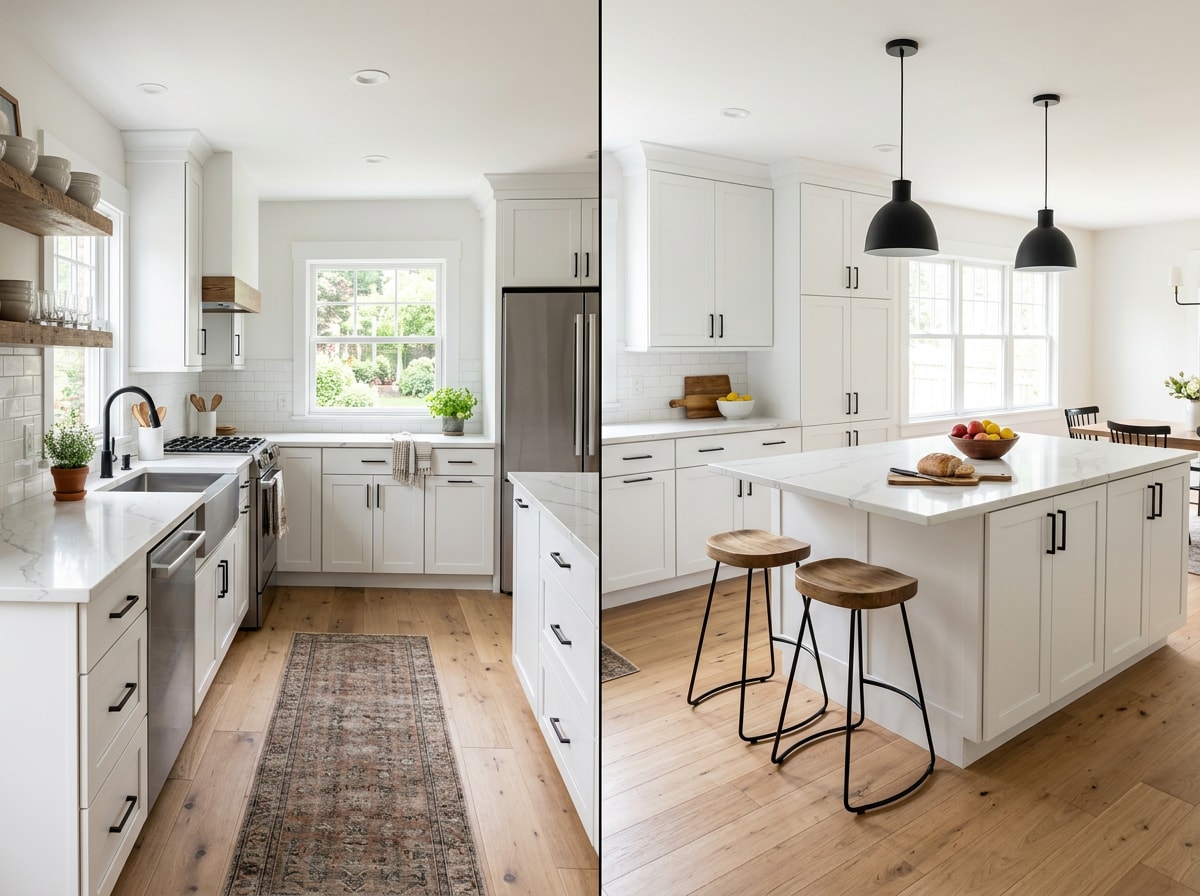 Before and after photos of a remodeled kitchen showing updated cabinets and flooring