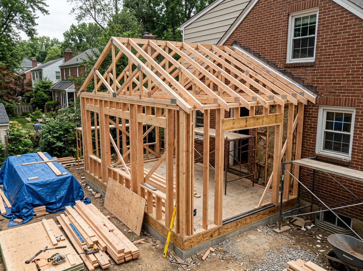 Contractor framing a sunroom addition onto a brick home in Westmoreland County, PA