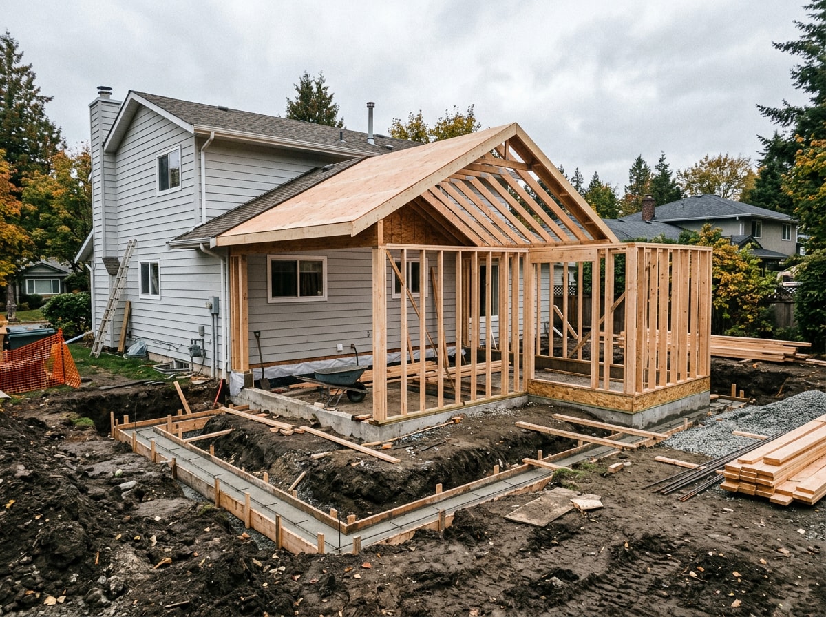 Framed room addition showing roofline tie-in and excavation work on a Westmoreland County, PA home