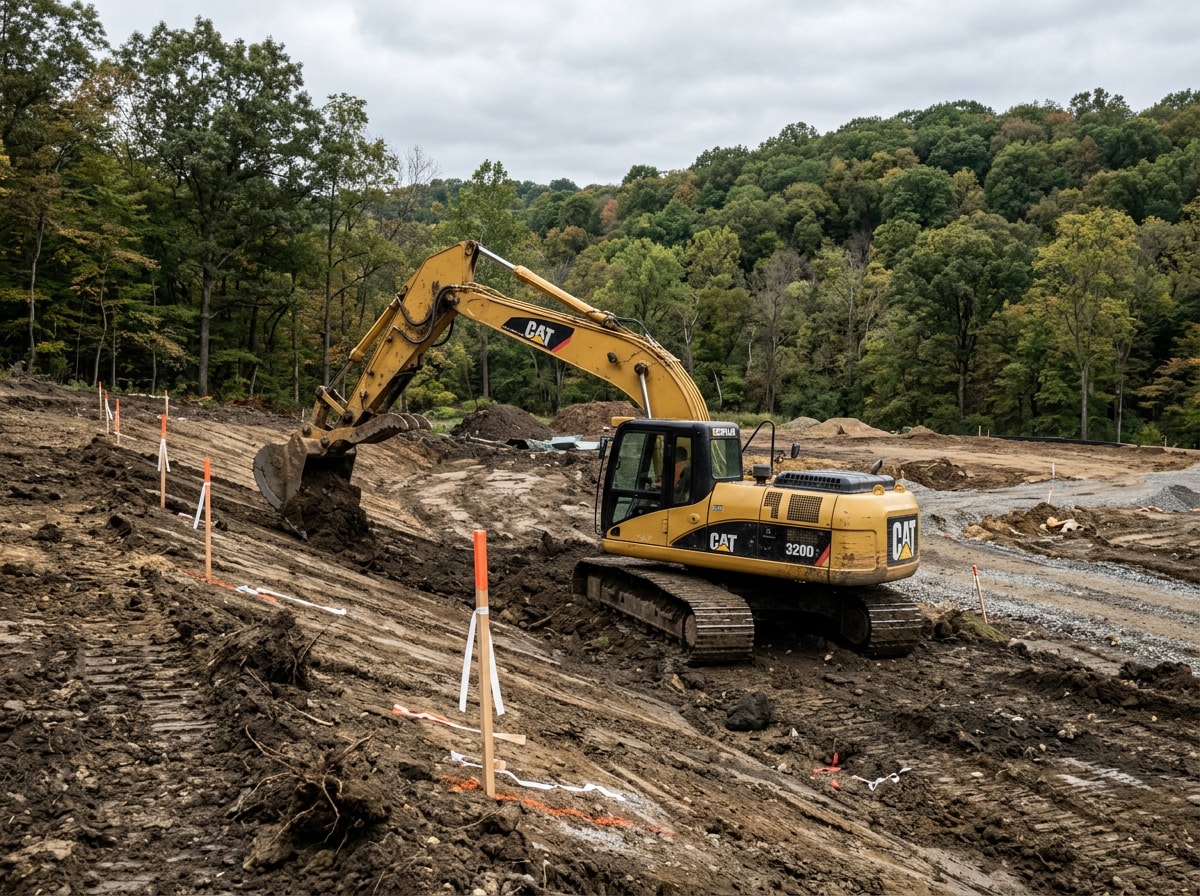 Excavator performing site grading work on a Butler County, PA construction lot