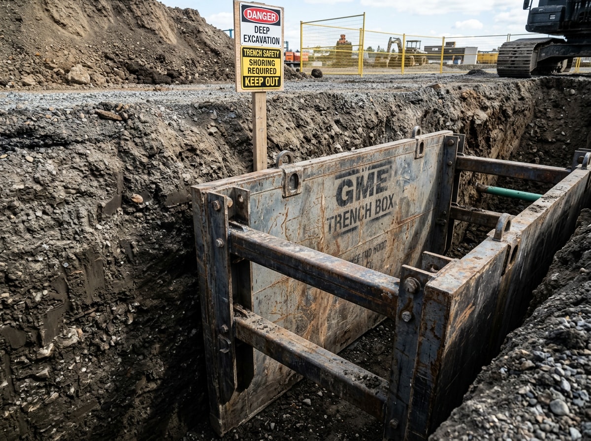 Trench box shoring system installed at a Pennsylvania excavation site for worker safety compliance