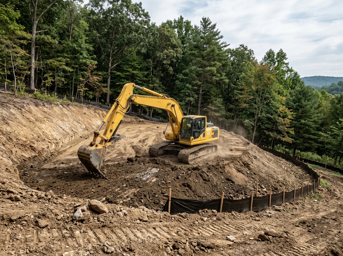 Excavator grading a building pad for a timber frame home foundation