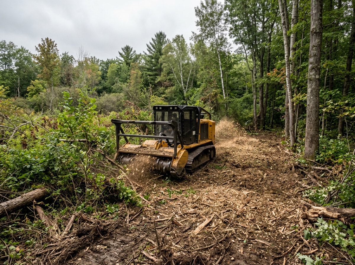 Forestry mulching equipment clearing invasive brush on a wooded Washington County building lot