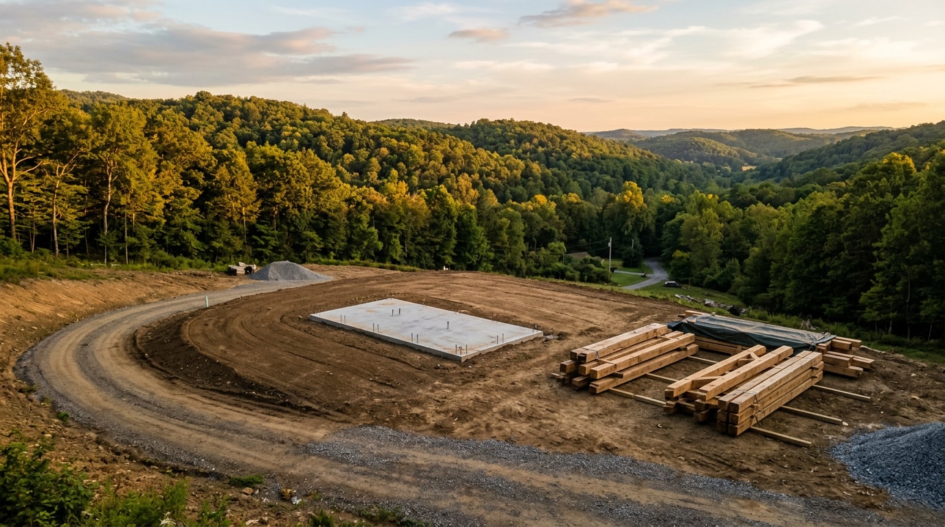 Graded building pad with staged timber frame materials on a rural Washington County, Pennsylvania lot Graded building pad with staged timber frame materials on a rural Washington County, Pennsylvania lot
