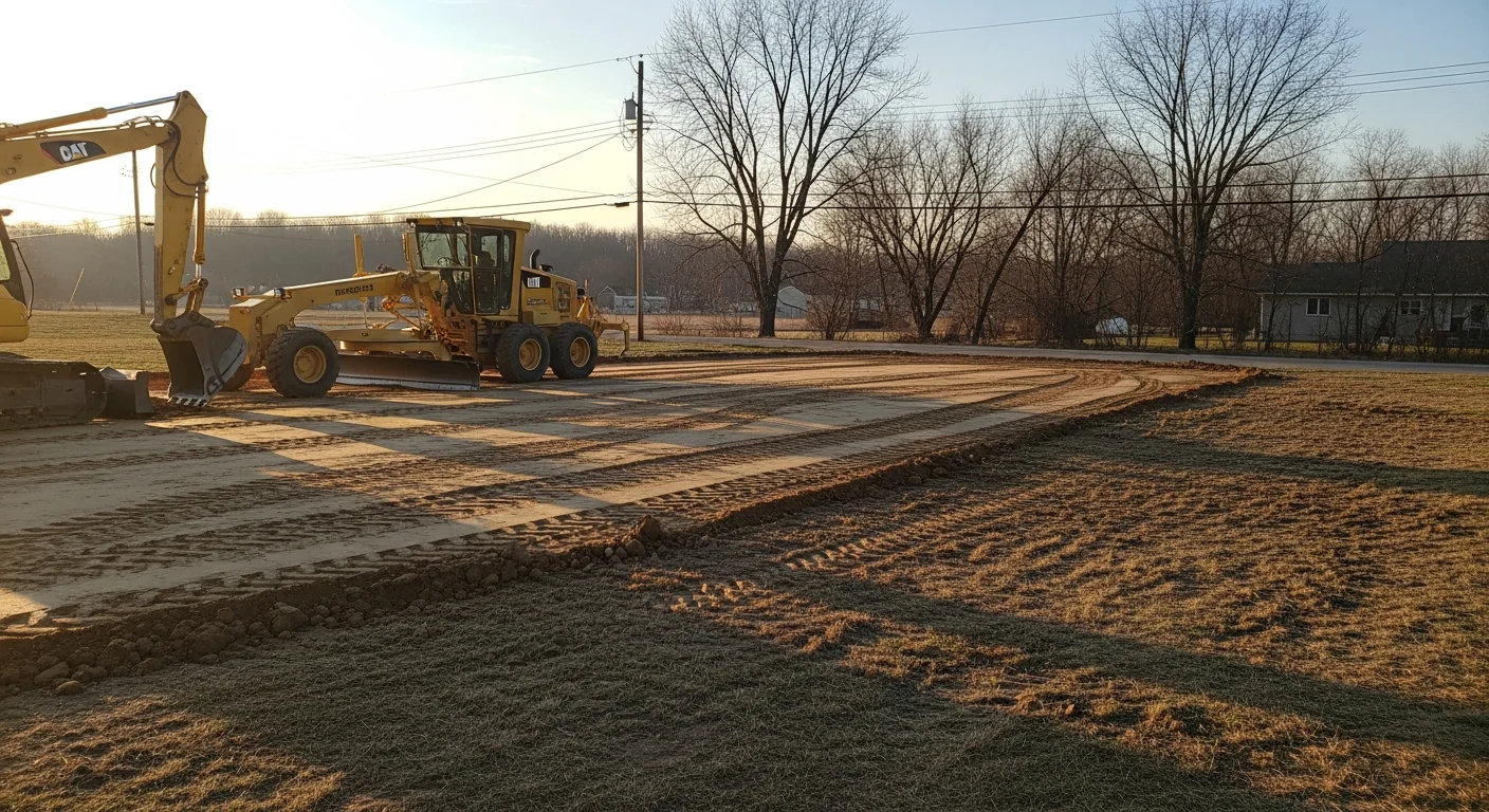 Excavator digging and grading a property site