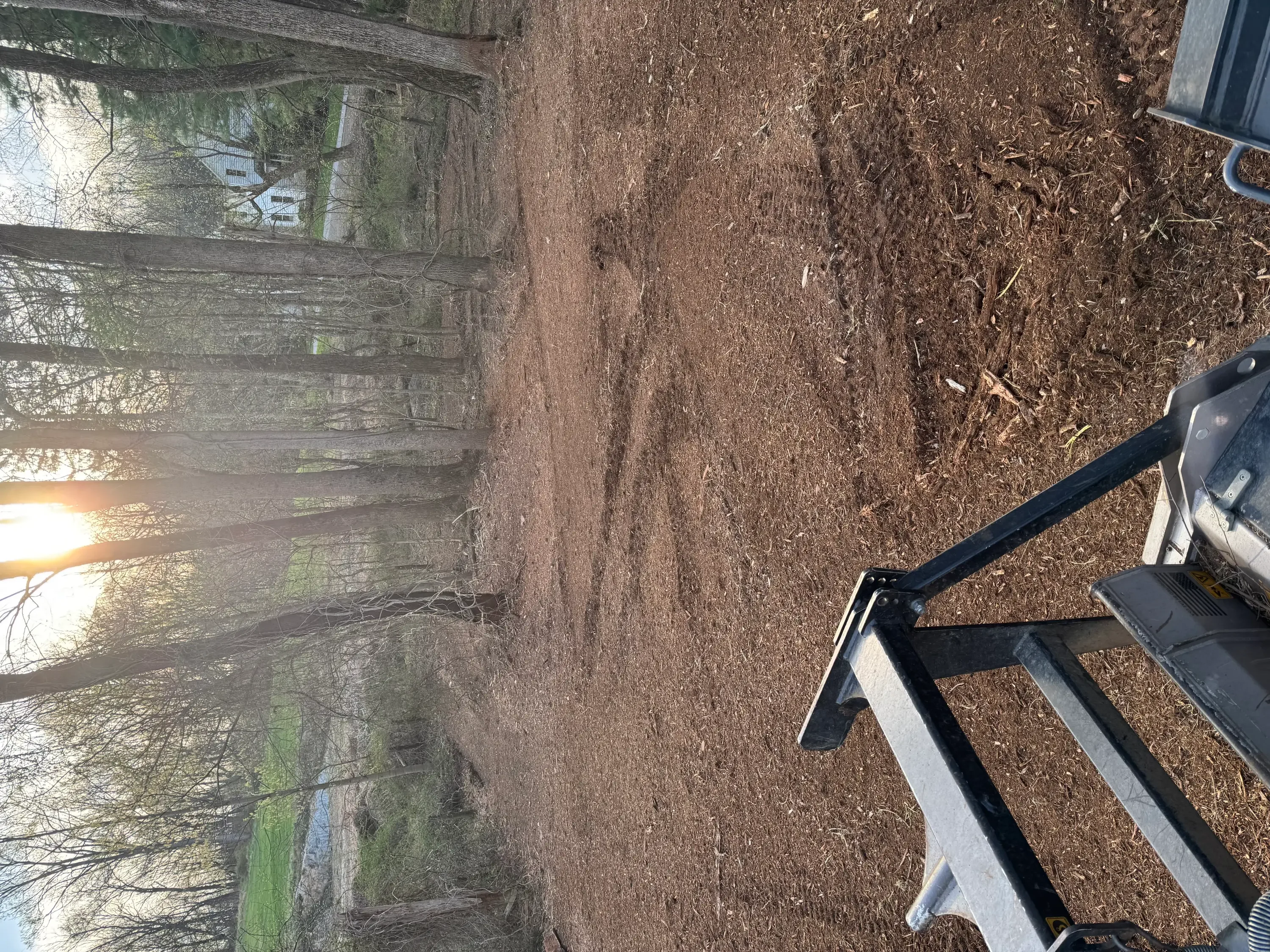 Cleared residential lot with mulched ground and skid steer loader equipment