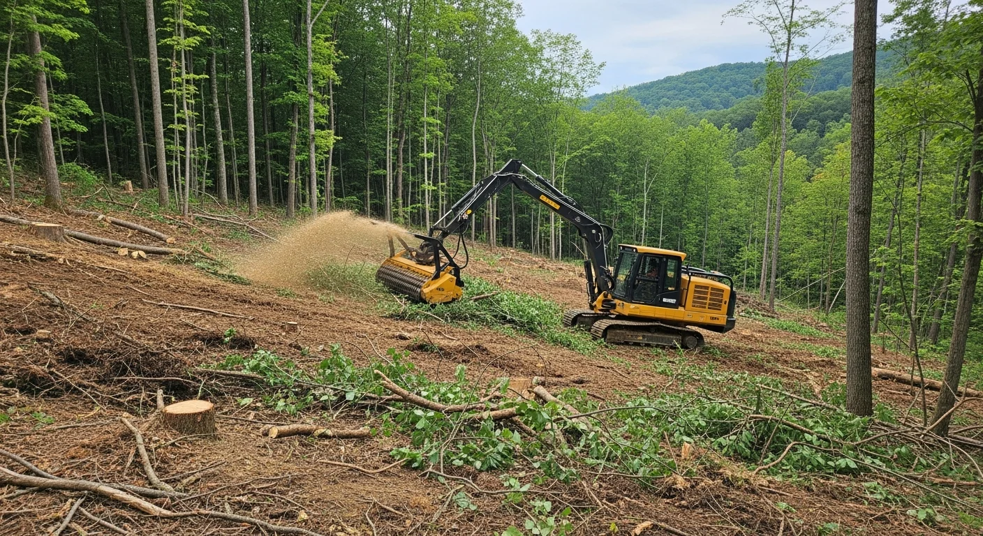 A cleared Armstrong County Pennsylvania property after forestry mulching brush removal, showing open ground covered with a layer of wood chip mulch where dense brush and saplings once stood. Rolling wooded terrain visible in the background along the property edge.