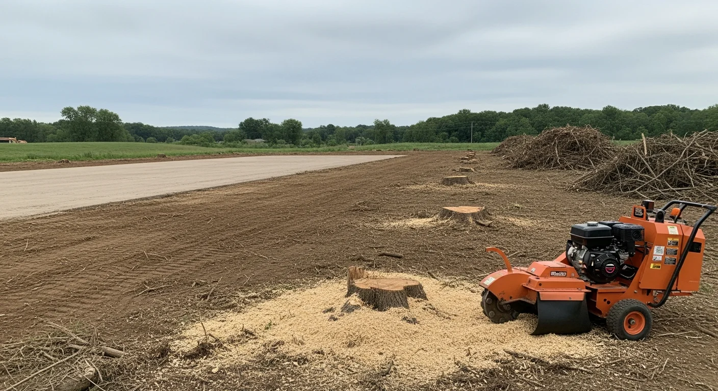 A commercial parcel in Armstrong County, PA after land clearing, showing flat graded ground with all trees, brush, and stumps removed. The cleared site sits against a backdrop of wooded hillside typical of western Pennsylvania terrain.