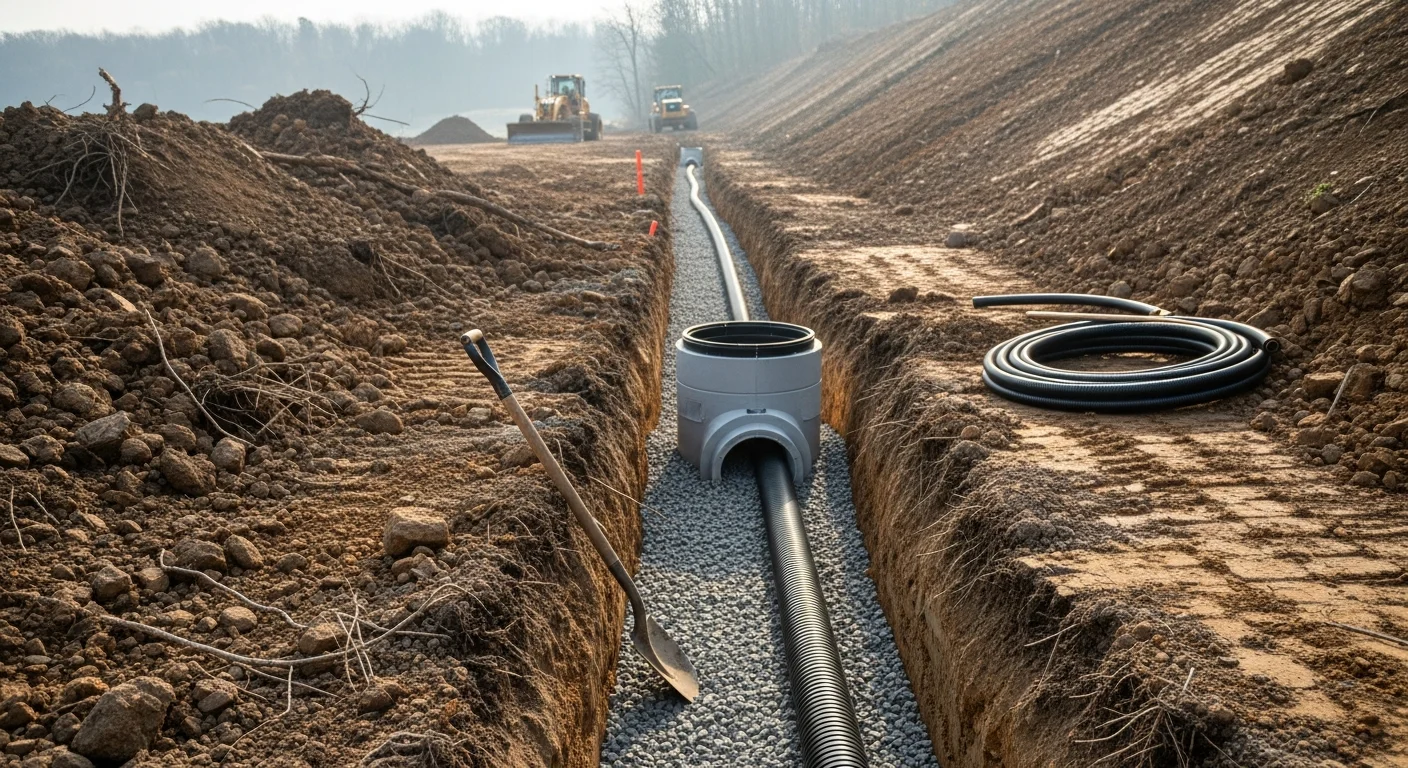 A completed subsurface drainage installation on a sloped residential property in Armstrong County, Pennsylvania, with a graded outlet channel directing water away from the home's foundation. Freshly graded soil and a clean catch basin outlet are visible along the property edge.