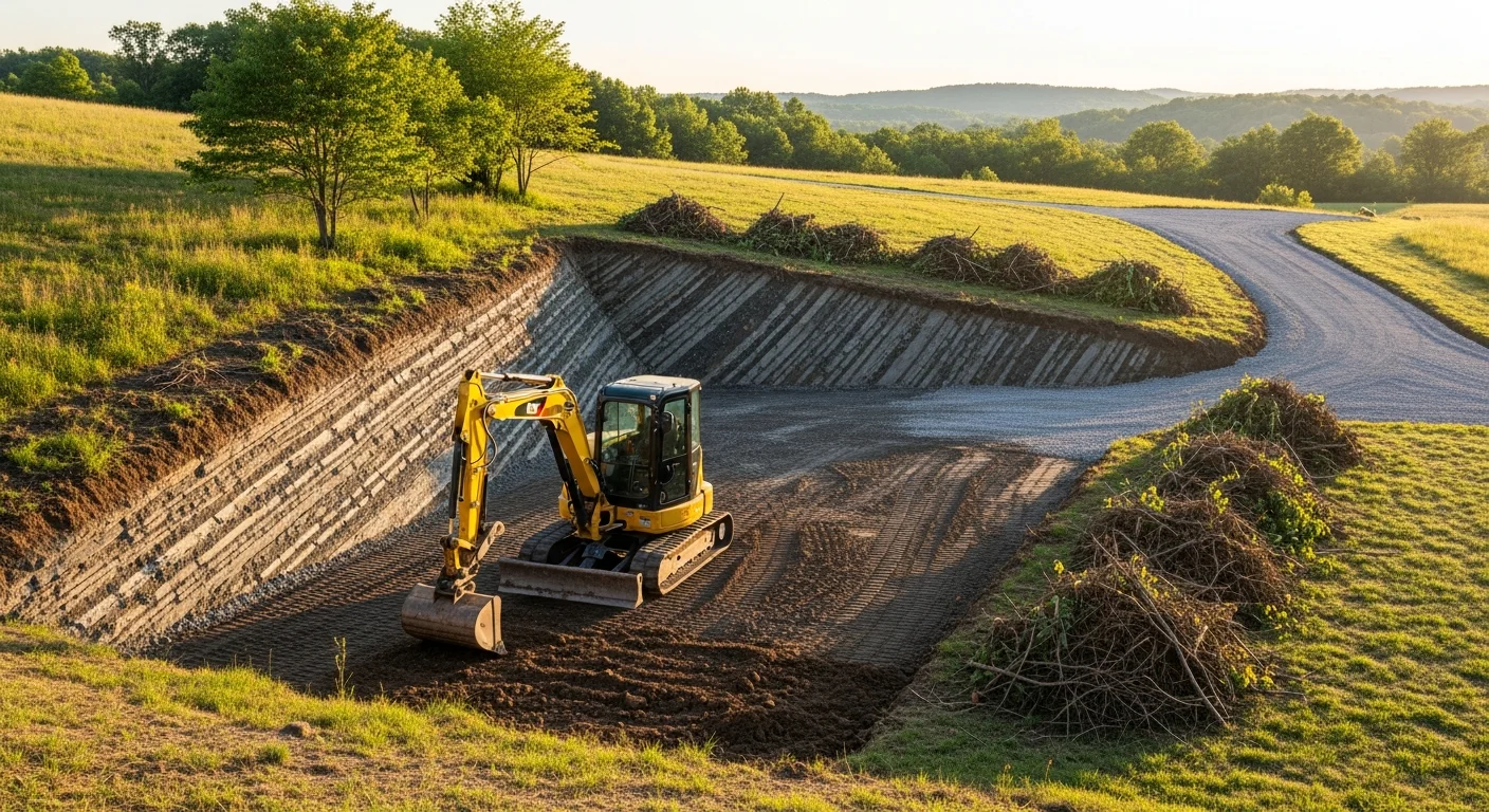 A tracked excavator cutting and grading a sloped rural lot in Armstrong County, Pennsylvania, with exposed sandstone-derived soil and cleared brush along the site perimeter. Freshly graded earth shows a level building pad prepared for residential construction.