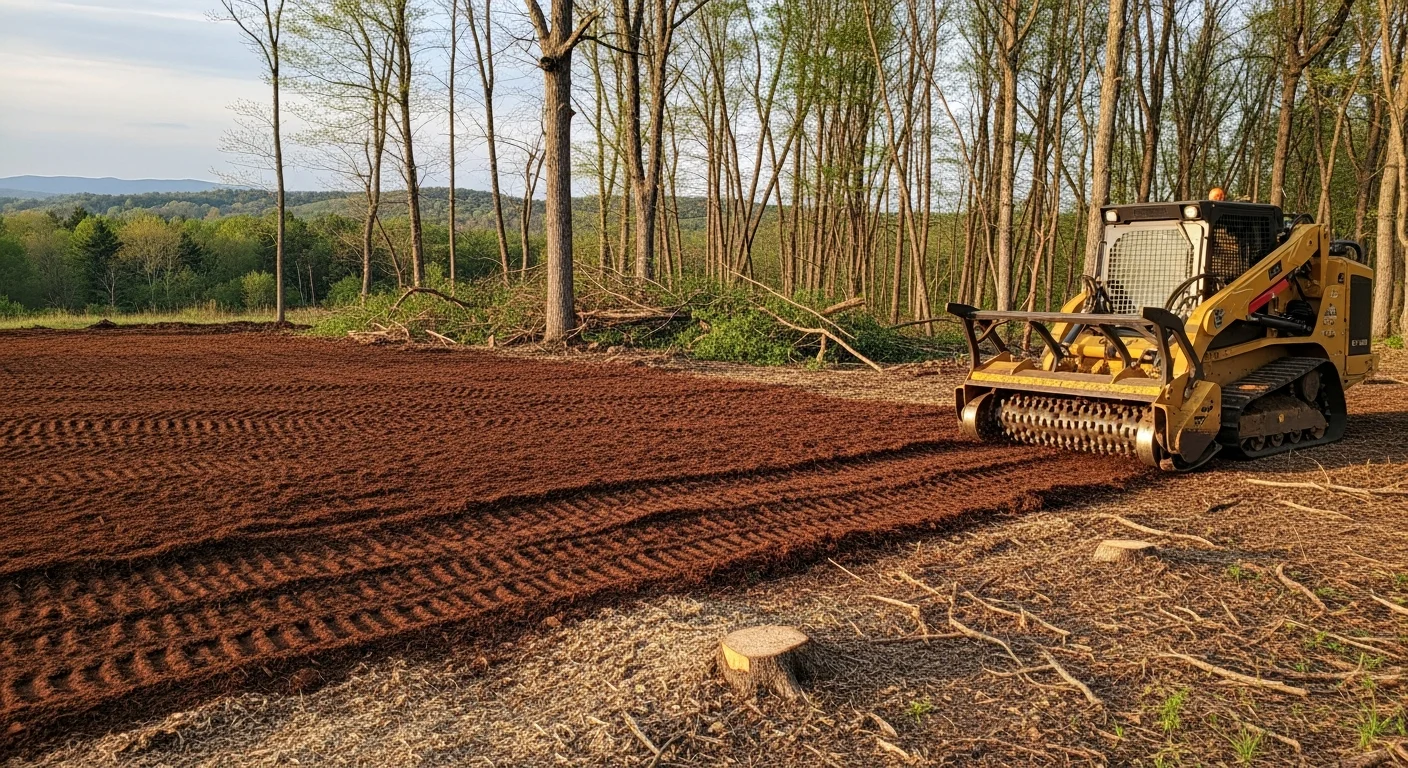 A tracked forestry mulcher clearing dense brush and saplings on a sloped, wooded property in Armstrong County, Pennsylvania. The cleared ground is covered with a layer of fresh wood mulch, with open land visible beyond the machine.