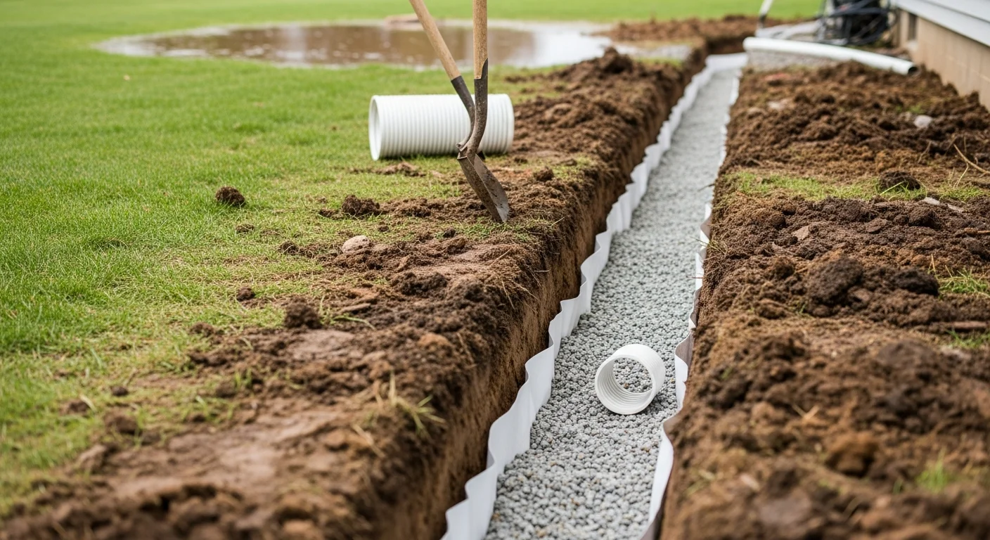 A freshly installed French drain trench on an Armstrong County residential property, showing a perforated pipe bedded in gravel and lined with filter fabric along a sloped yard. The discharge outlet directs water away from the home's foundation toward a safe runoff area at the property edge.