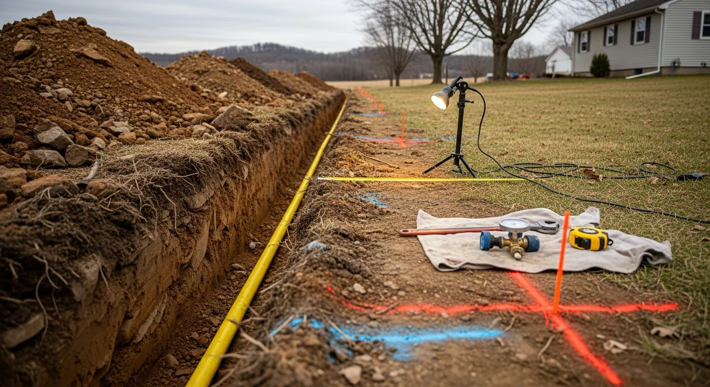 A freshly trenched gas line installation on a sloped residential property in Armstrong County, PA, with pipe laid in a clean trench and backfill staged alongside. A utility contractor from Adirondack Land Management inspects the fittings before pressure testing.