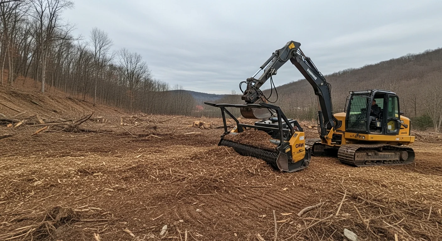 A forestry mulcher clearing a dense stand of invasive shrubs and vines on a rural Armstrong County, Pennsylvania property. The cleared area shows ground-level mulch covering the soil where multiflora rose and woody invasive growth once stood.