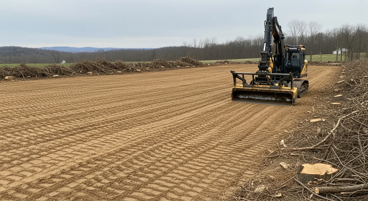 A freshly cleared wooded lot in Armstrong County, Pennsylvania, with stumps ground down and debris removed, showing open, level ground ready for construction. Rolling tree lines remain at the property edges while the cleared center is clean and graded.