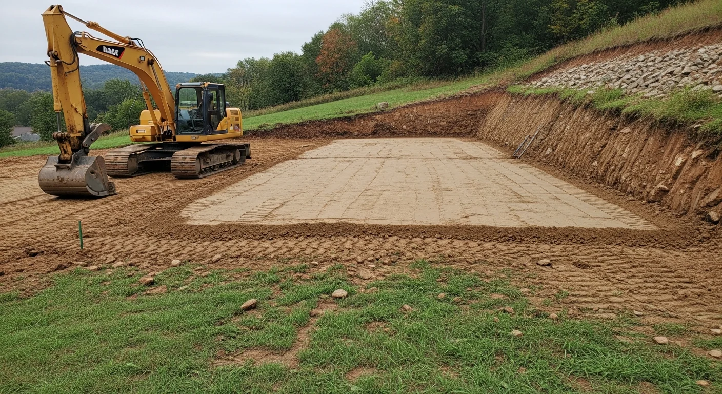 A graded residential lot in Armstrong County, Pennsylvania showing a smooth, sloped soil surface angled away from a home's foundation. An excavator sits in the background on a hillside parcel with cleared topsoil and reshaped grade lines visible.