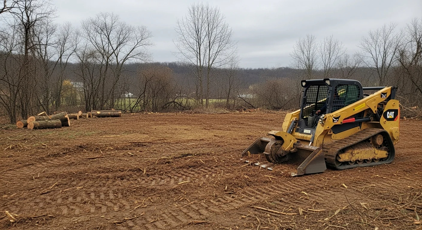 A freshly cleared residential lot in Armstrong County, Pennsylvania, showing open ground with stumps removed and surrounding tree lines intact. Heavy equipment tire tracks are visible across the graded soil surface after lot clearing work.