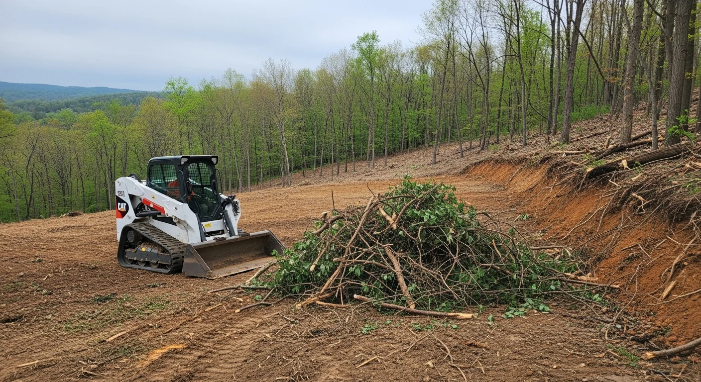 A cleared rural parcel in Armstrong County, Pennsylvania, showing open ground and defined tree lines after overgrown brush, saplings, and debris have been removed. Heavy equipment tracks are visible on the graded soil, with a wooded hillside visible in the background.
