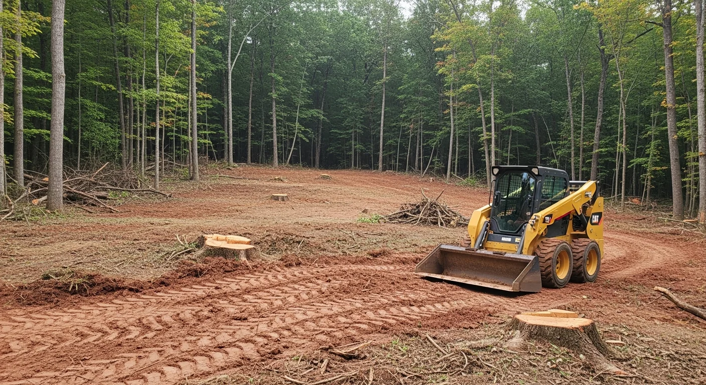 A freshly cleared residential lot in Armstrong County, Pennsylvania, showing bare ground and removed tree stumps where dense woodland previously stood. A rural township road and treeline are visible at the property edge.