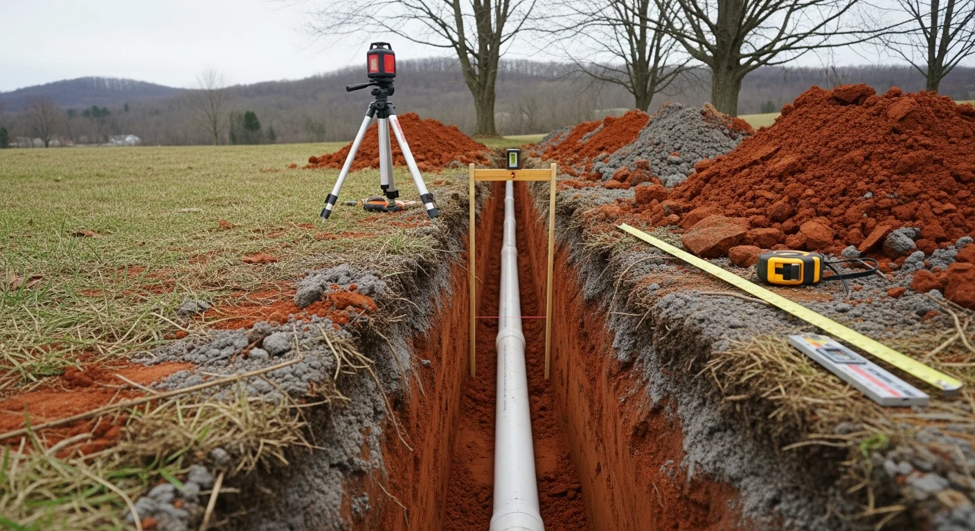A freshly excavated trench on a rural Armstrong County property showing a newly installed sewer line set below grade before backfill. The surrounding terrain reflects the county's rolling Allegheny Plateau landscape with heavy clay-mix soil visible along the trench walls.
