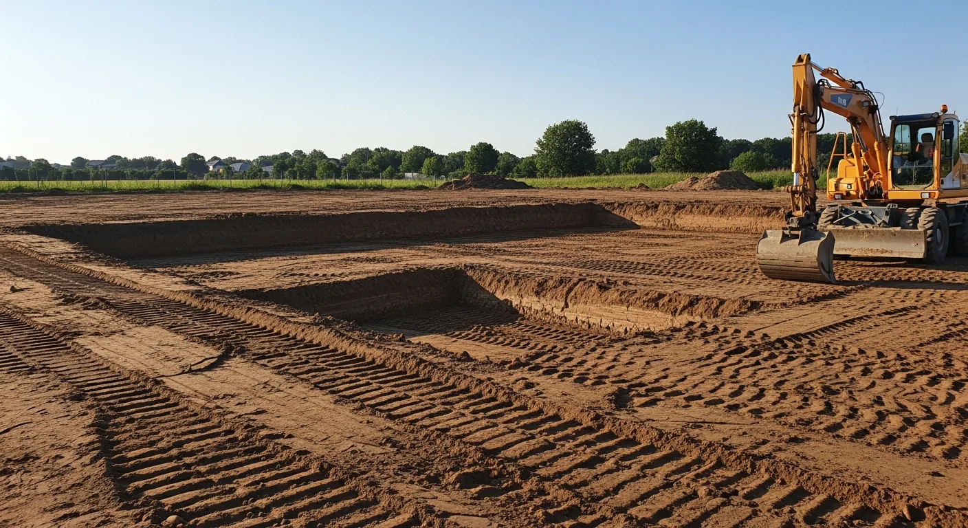 A graded residential lot in Armstrong County, Pennsylvania showing a smooth, sloped soil surface prepared for construction. A compact excavator sits at the edge of the site with cut and filled earth visible across the leveled building pad.