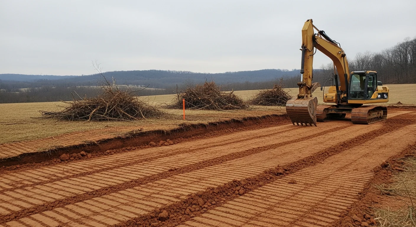 An excavator grading a cleared, sloped lot in Armstrong County, Pennsylvania, with loose soil leveled and compacted in preparation for residential construction. The surrounding landscape shows the area's characteristic rolling terrain and tree lines at the property edge.