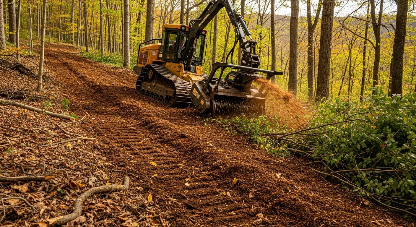 A tracked forestry mulcher clearing dense brush and small trees on a sloped rural property in Armstrong County, PA. The cleared ground shows a layer of fresh wood mulch with open land visible beyond the machine.