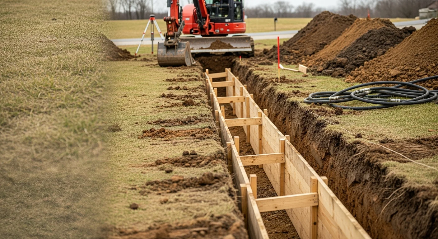 A straight, clean trench cut through clay-mixed soil on a residential property in Armstrong County, Pennsylvania, with excavated spoil piled neatly alongside. A compact excavator sits at the edge of the trench, prepared for utility line installation on a sloped lot.
