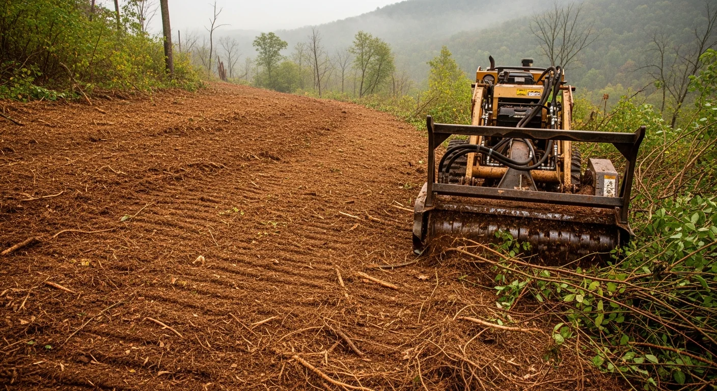 A forestry mulcher clearing dense brush and invasive vegetation on a sloped rural parcel in Armstrong County, Pennsylvania. The cleared area shows a ground-level mulch layer left behind after single-pass vegetation removal.