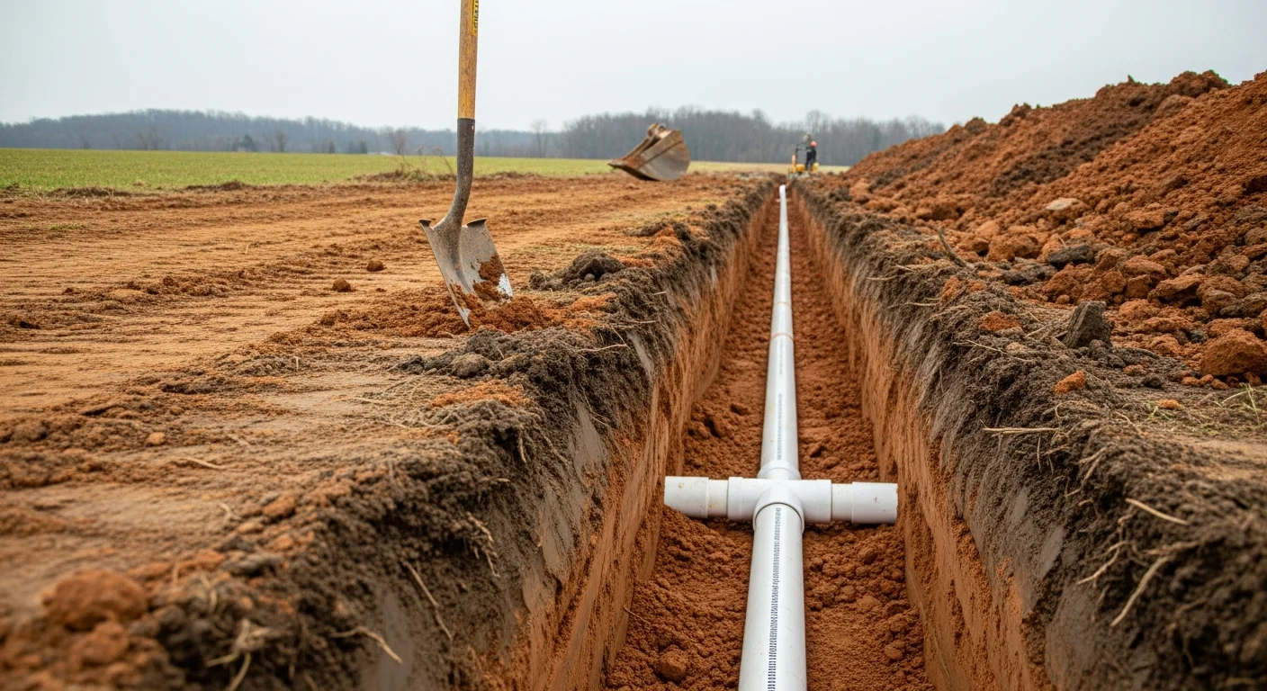 A freshly excavated trench on a rural Armstrong County property showing a water service line set in compacted granular bedding before backfill. The surrounding terrain reflects the county's rolling Allegheny Plateau landscape.